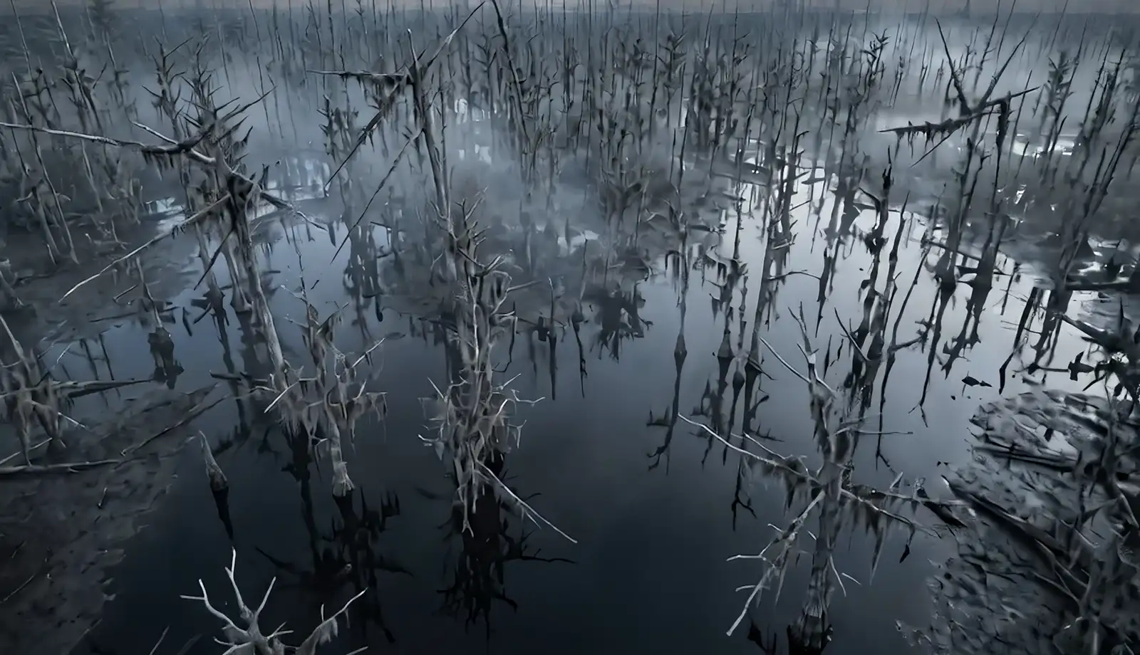 A drowned forest of bare grey trees standing in still, dark water