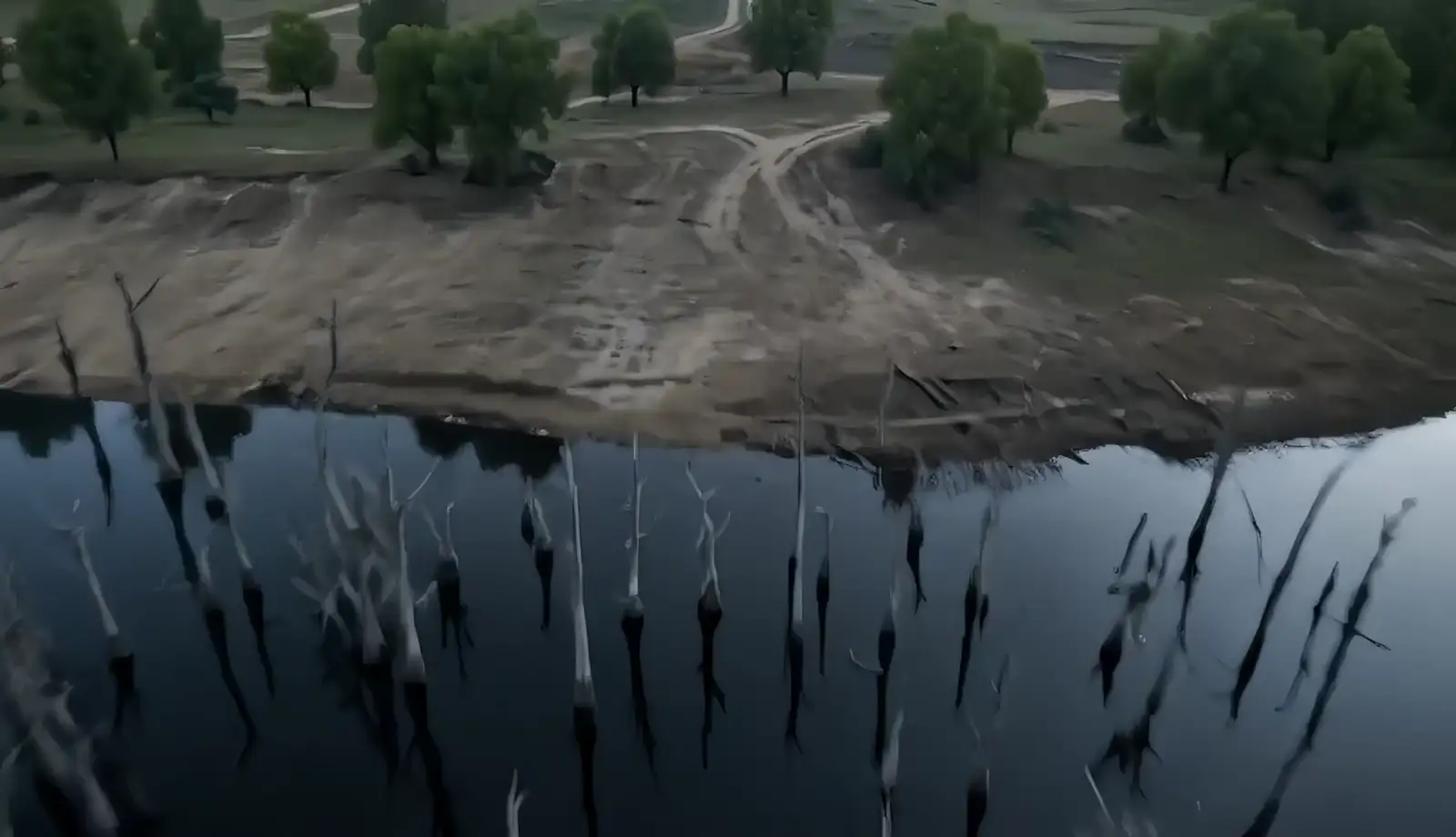 The edge of a dead-tree swamp giving way to dry ground, tracks and green trees
