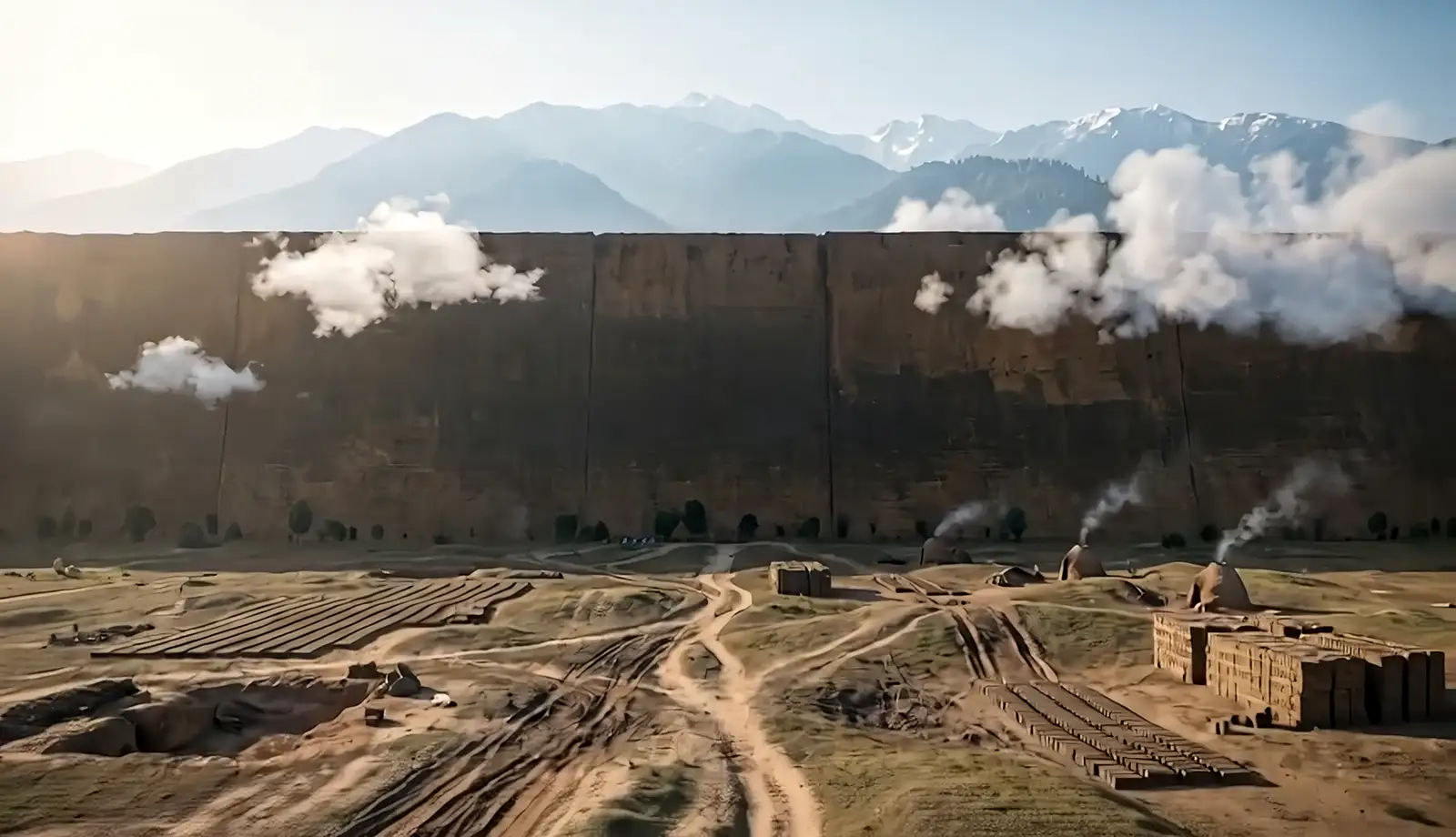 A vast mud-brick wall rising behind a brick-making site with kilns, stacked bricks and dirt tracks