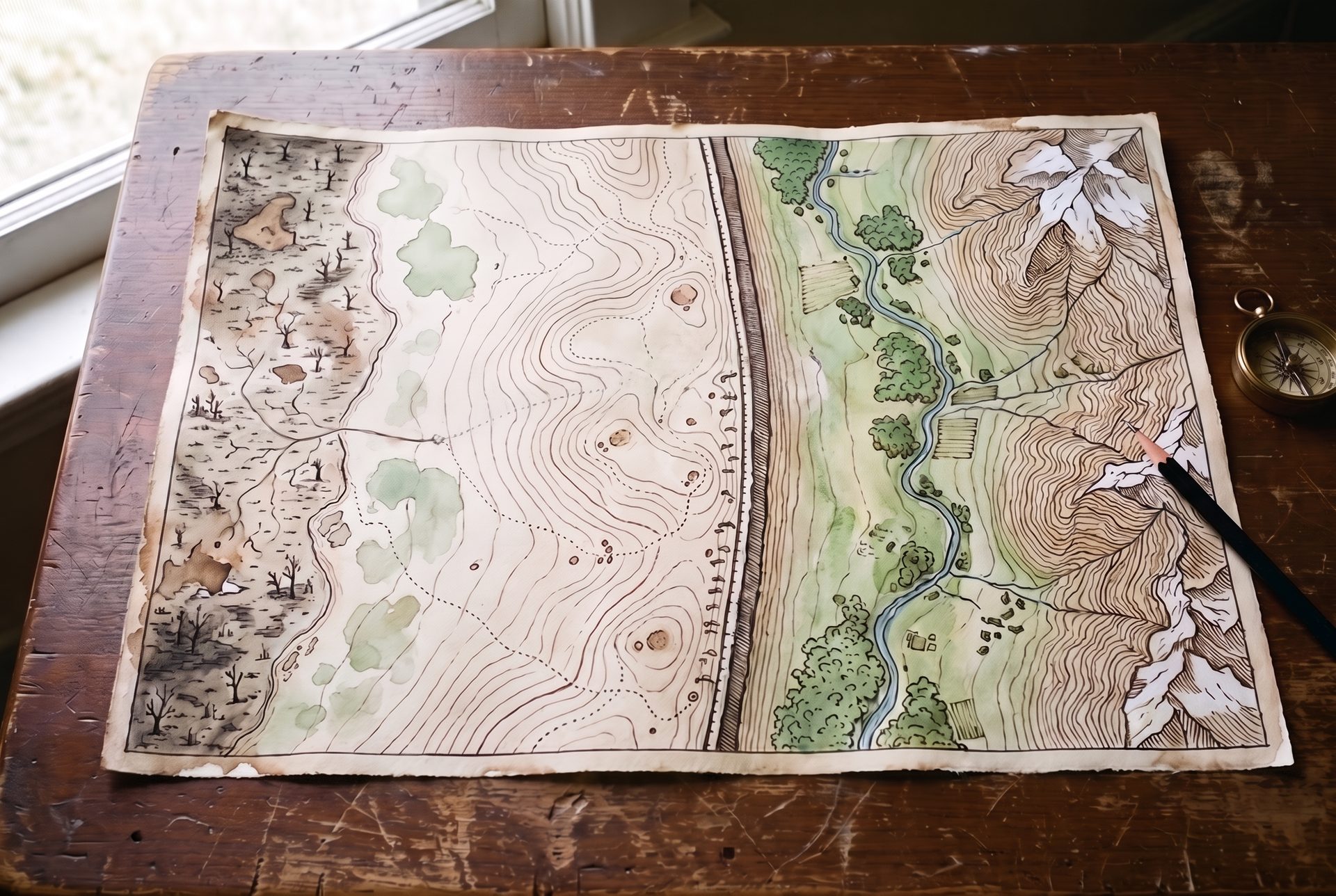 A hand-drawn map of the four armies landscape on a wooden table: swamp, open ground, a long wall, and a green valley below mountains