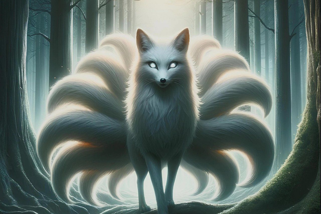 A pale nine-tailed fox spirit standing in a misty forest